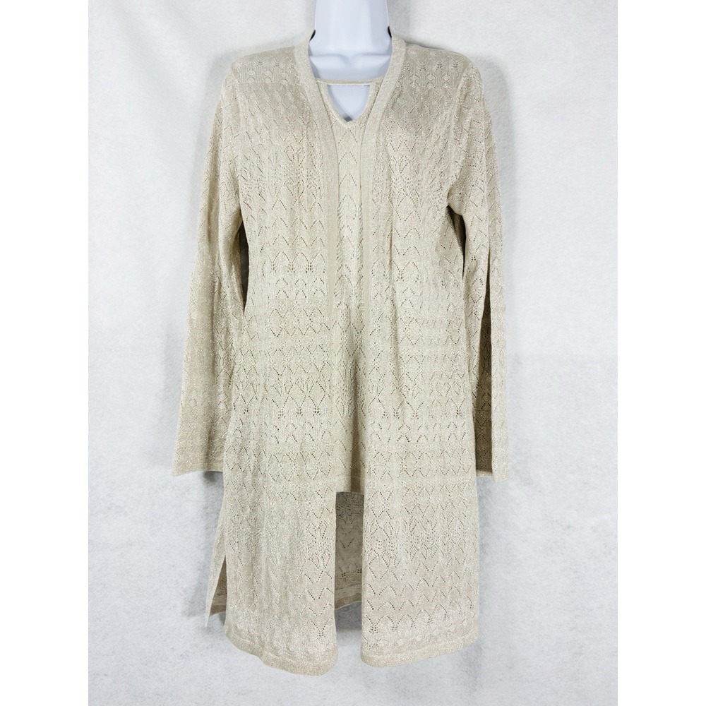 White House Black Market 2PC Sweater Set Cardigan Size M Tank Size S Beige Shiny